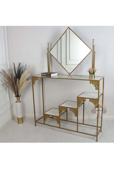 l'elefante Modern Entryway Console Table with Glossy White Ceramic Top + Decorative Golden Mirror + Durable Iro