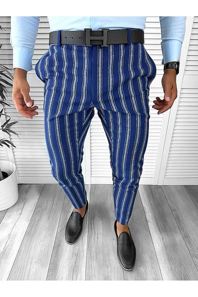 dehaine Men's casual pants, striped, slim fit, navy blue, B1606