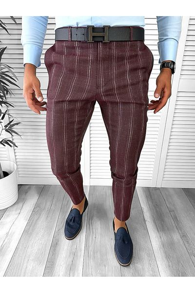 dehaine Men's casual pants, striped, slim fit, Burgundy, B1801