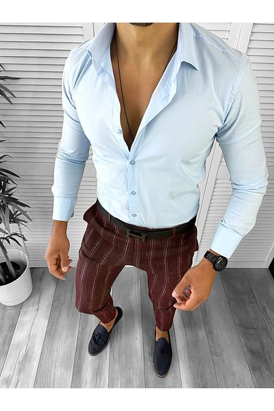 dehaine Men's casual pants, striped, slim fit, Burgundy, B1801