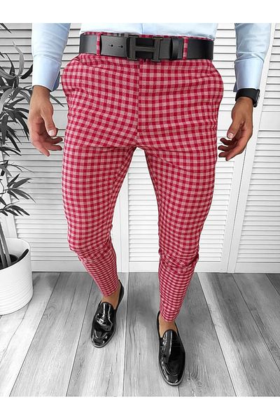 dehaine Men's casual pants, plaid, slim fit, Red, B1855
