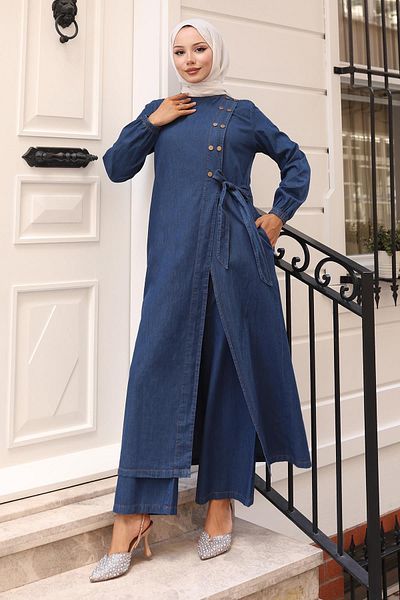Modamihram Snap Detailed Denim Suit Dark Blue 19262