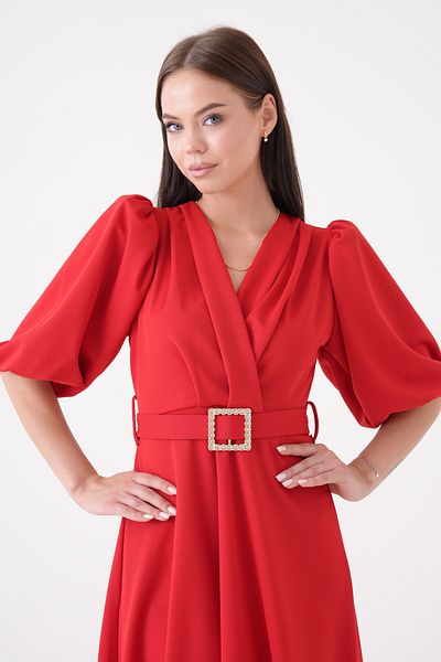 lovebox Women's Crepe Fabric Double Breasted Collar Stone Belt Detailed Balloon Sleeve Red Midi Dress 3602