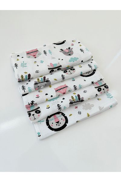 Jaju Baby Mixed Color Lion Pattern Muslin 5 Pieces Mouth Cloth Back Cloth Shoulder Cloth Multi-Purpose Newborn Cloth