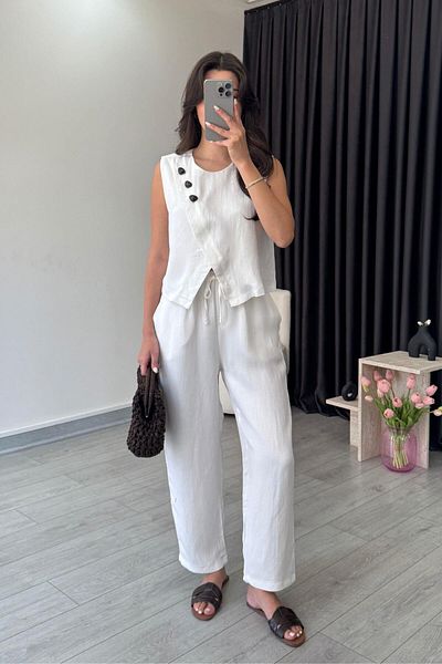 ECEMİ Eva Ecru Shiny Fabric Stone Detailed Suit