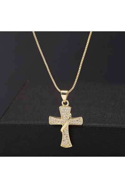 MBrands colier cu pandantiv cruce din cristal placat cu aur de 18k
