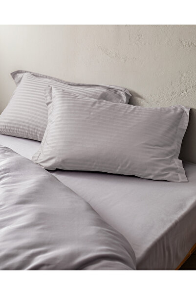 Madame Coco Elicia Çift Kişilik %100 Pamuk Çizgili Saten Nevresim Takımı - Koyu Gri