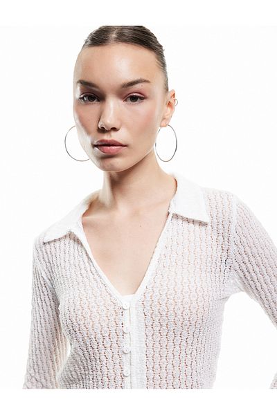 Koton Classic Lapel Button Slim Fit Ruched Long Sleeve T-Shirt