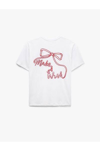 Koton Crew Neck Short Sleeve Cotton Oversize T-Shirt with Bow Print on the Back