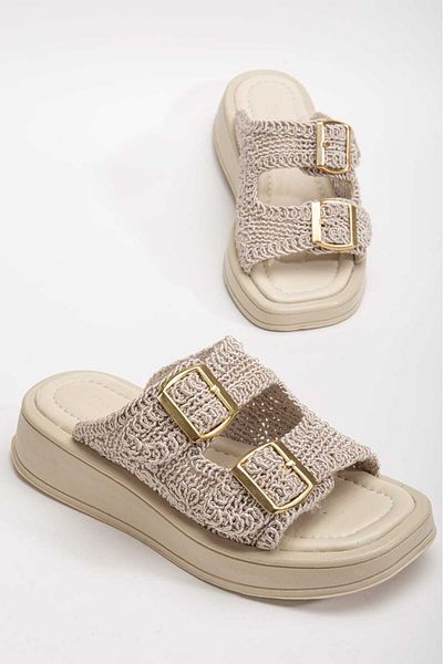 Lolo Life Women's Straw Detailed Double Buckle Slippers Poly Sole -0302
