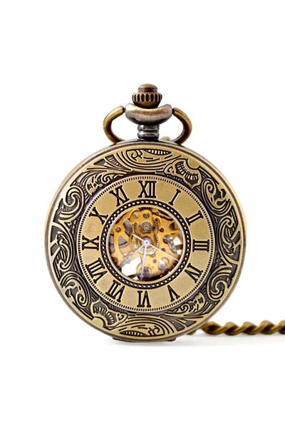 MBrands Pocket Watch, Skeleton Mechanical, with Chain, Vintage Bronze Style