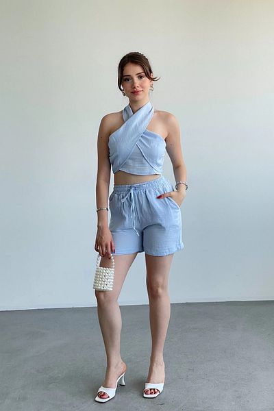 MOZENA Muslin Fabric Cross Tied Crop Shorts Double Set