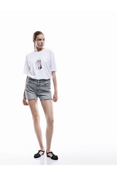 Koton Short Sleeve Crew Neck Cotton Cat Printed Oversize T-Shirt
