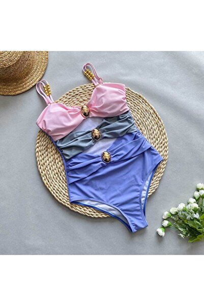 Eros Zone Premium Costum Baie Intreg Color Block, Decupaje Fata, Bretele Detasabile, Accesorii Aurii, M, Roz-mov