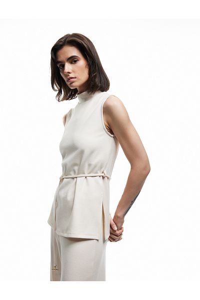 Koton Metal Accessories Stand Collar Sleeveless Belted Long Blouse