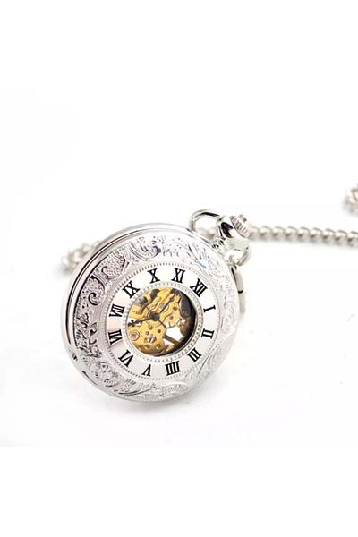 MBrands Pocket Watch, Skeleton Mechanical, With Chain, Vintage Style Silver