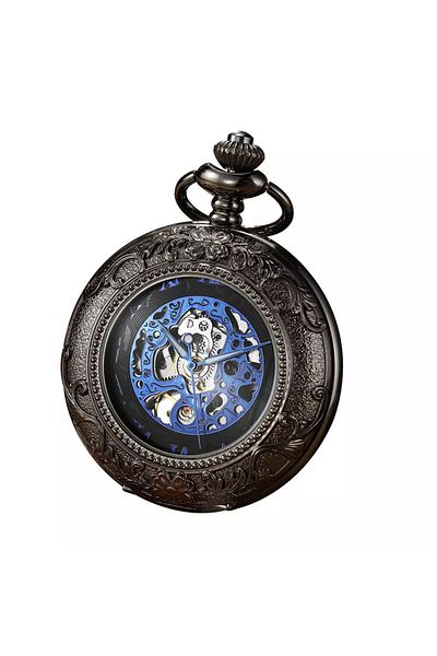MBrands pocket watch, skeleton, Mechanical, with chain, round Blue