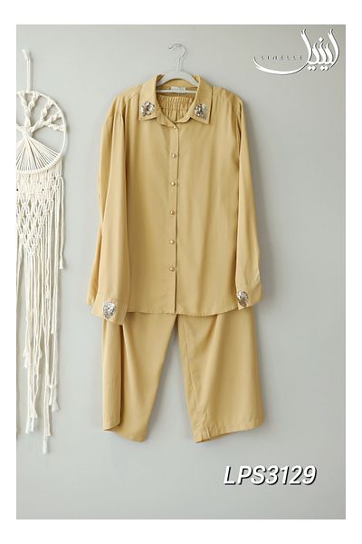LINELLE Co-Ord Set – Solid Yellow Shirt and Pant with Sequin Work in Cotton-Polyester Blend.