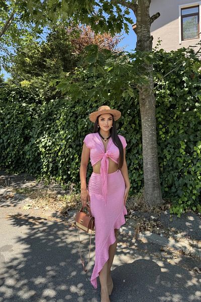 MOZENA Front Tie Crop Asymmetrical Slit Skirt Suit