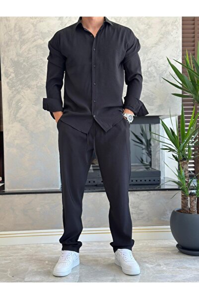 ECARTS Men's Relaxed Fit Draped Fabric Bottom Top Set Black Eca018