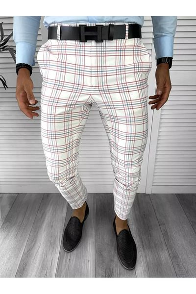 dehaine Men's casual pants, plaid, slim fit, beige, b8497