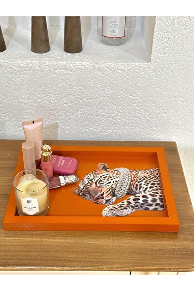 DEKORMED Handmade Decorative Wooden Board & Presentation Tray – Tiger Pattern, Dark Orange (34X24 cm)