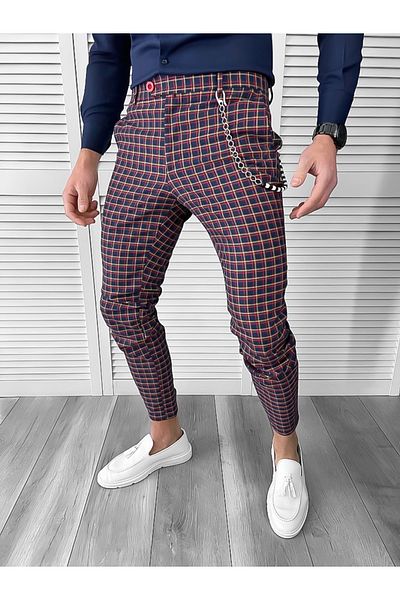 dehaine Men's casual pants, plaid, slim fit, Red, 10061