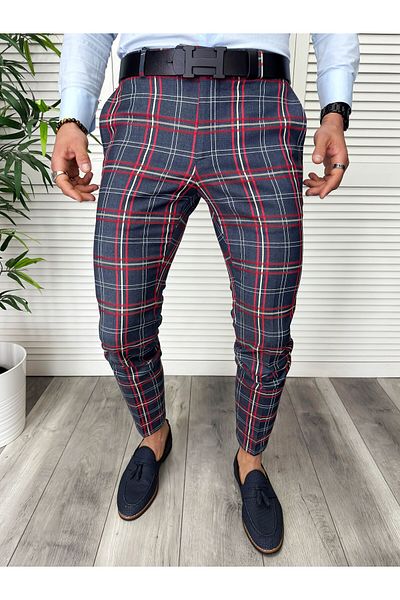 dehaine Men's casual pants, plaid, slim fit, Navy blue, B1745