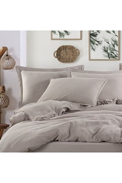 Hobby Set de lenjerie de pat premium de lux, muselină și bumbac satinat, husă pilotă 200x220cm, Cappuccino