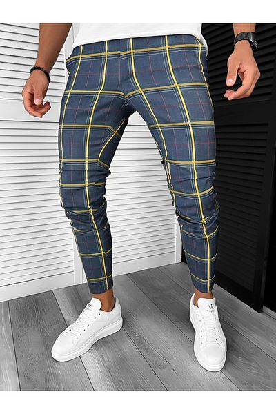 dehaine Men's casual pants, plaid, slim fit, navy blue, B7841