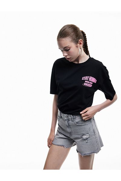 Koton Tricou cu mânecă scurtă, cu decolteu, din bumbac, imprimat pe spate