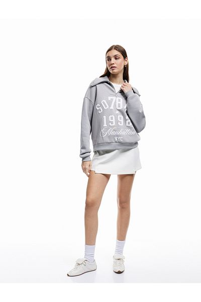 Koton Printed Long Sleeve Hooded Half Zip Sweatshirt