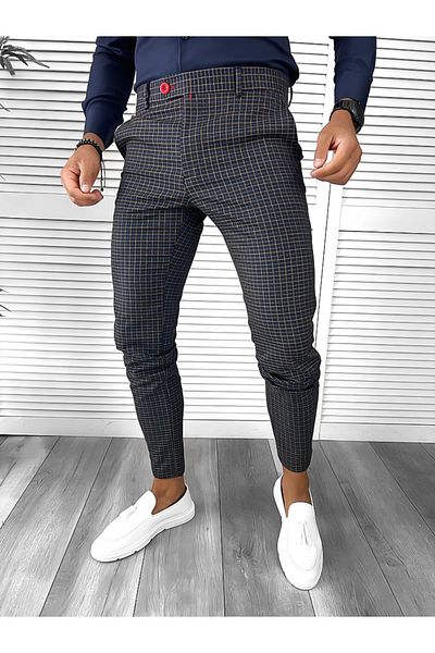 dehaine Men's casual pants, plaid, slim fit, navy blue, B9084