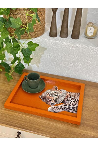 DEKORMED Handmade Decorative Wooden Board & Presentation Tray – Tiger Pattern, Dark Orange (34X24 cm)