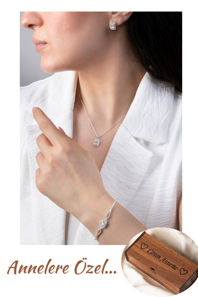 Elika Silver Zirkon Taşlı Baget Model 925 Ayar Gümüş Takım – Kolye, Bileklik,...