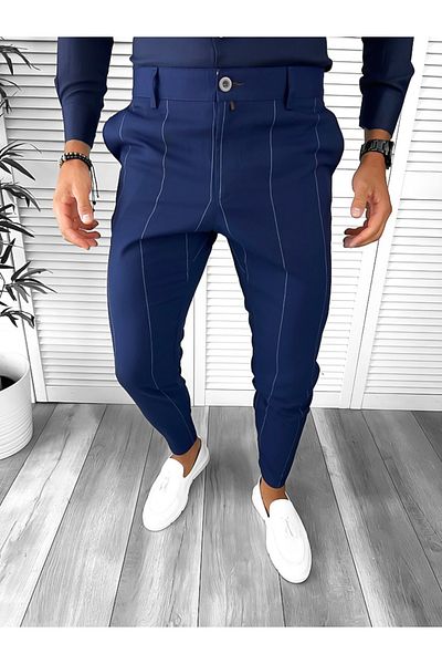 dehaine Men's casual pants, striped, slim fit, navy blue, B9163