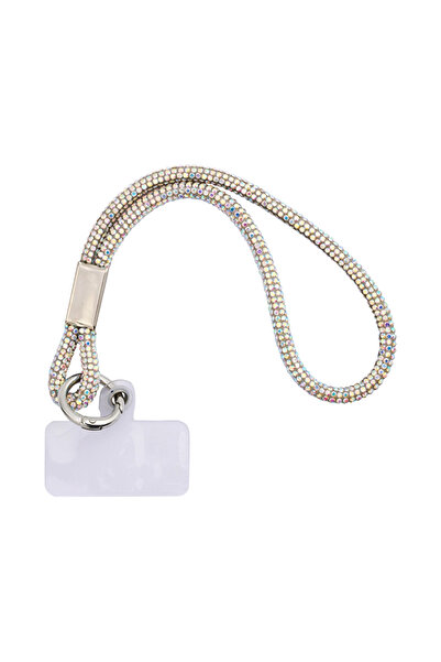 eklips Kristal Taşlı Janjanlı Telefon Boyun Askısı Kısa - Beyaz