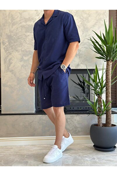 ECARTS Men's Relaxed Cut Raw Linen Bottom Top Shorts Suit Navy Blue Eca020