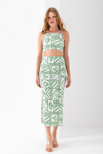 GİYSA Women's Strappy Skirt Patterned Wrap Double Suit Light Green - 254411
