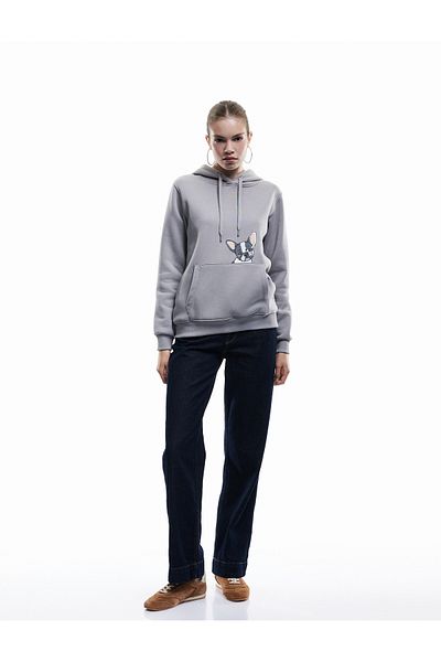 Koton Dog Printed Hooded Sweatshirt with Kangaroo Pocket