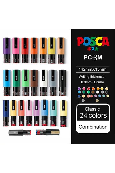 Uni Posca Pc-3M 0.9-1.3mm Marker Acrylic Painting Pen Set of 24 Mixed Colors