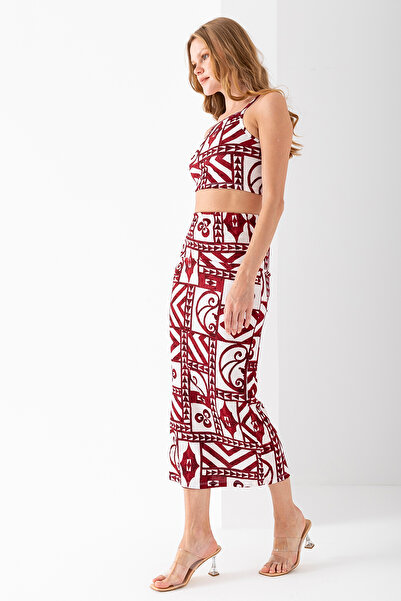 GİYSA Women's Strappy Skirt Patterned Wrap Double Suit Claret Red - 254411