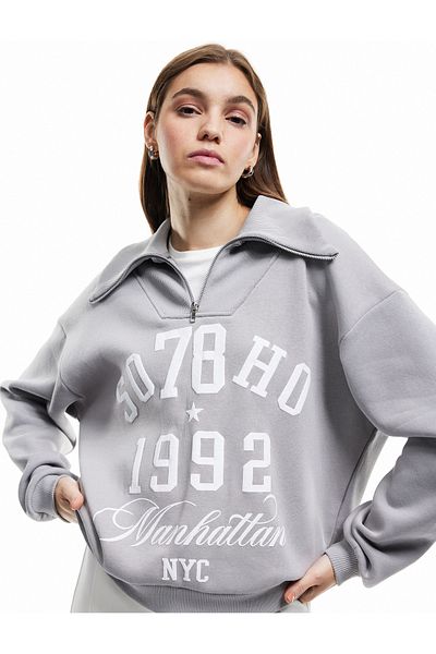 Koton Printed Long Sleeve Hooded Half Zip Sweatshirt