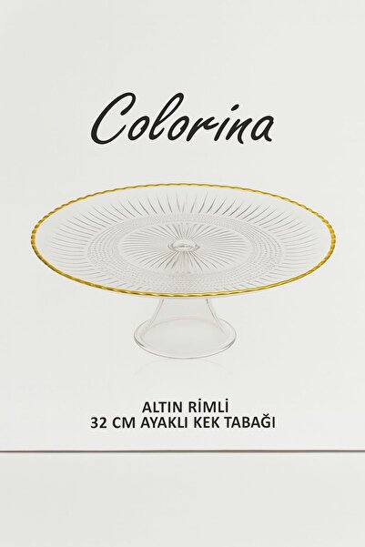 ela777 32 cm Altın Yaldızlı Ayaklı Cam Sunumluk - Kek Pasta Sunum Tabağı