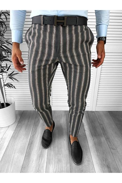 dehaine Men's casual pants, striped, slim fit, gray, B1547
