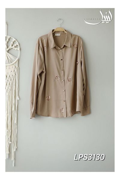LINELLE Co-Ord Set – Solid Brown Shirt and Pant with Sequin Work in Cotton-Polyester Blend.