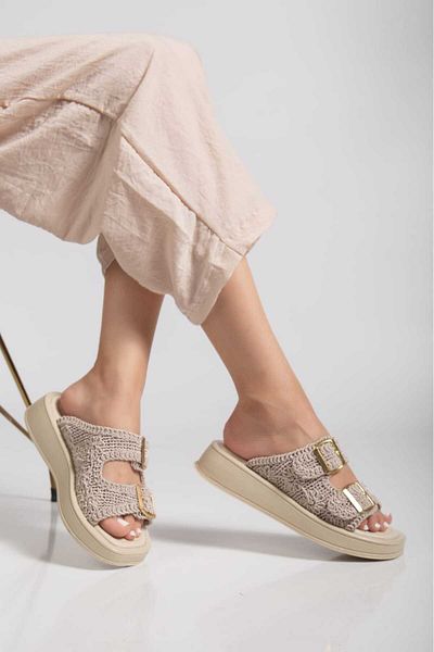 Lolo Life Women's Straw Detailed Double Buckle Slippers Poly Sole -0302
