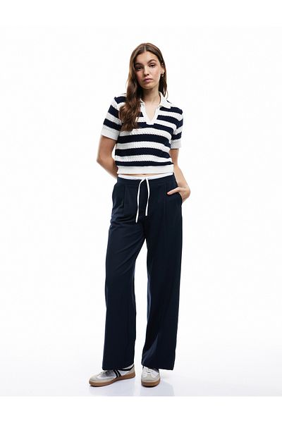 Koton Short Sleeve Striped Knitwear Polo Neck Sweater