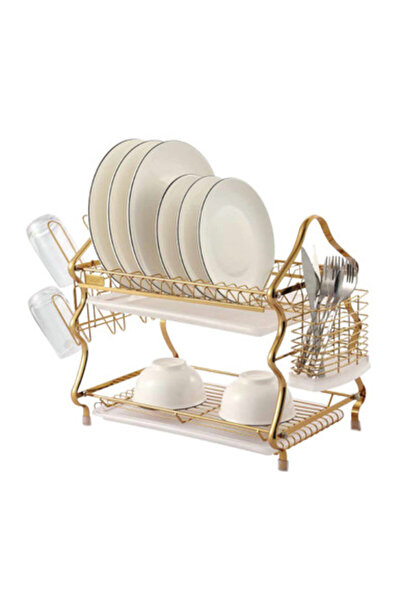 Flugel رف أطباق ذهبي من الفولاذ المقاوم للصدأ بطبقة واحدة مع حامل للأواني الز...