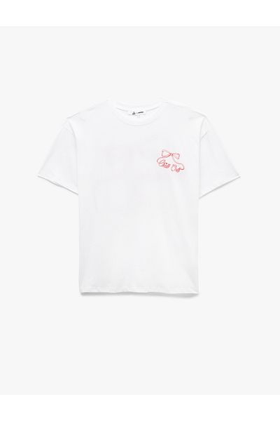 Koton Crew Neck Short Sleeve Cotton Oversize T-Shirt with Bow Print on the Back